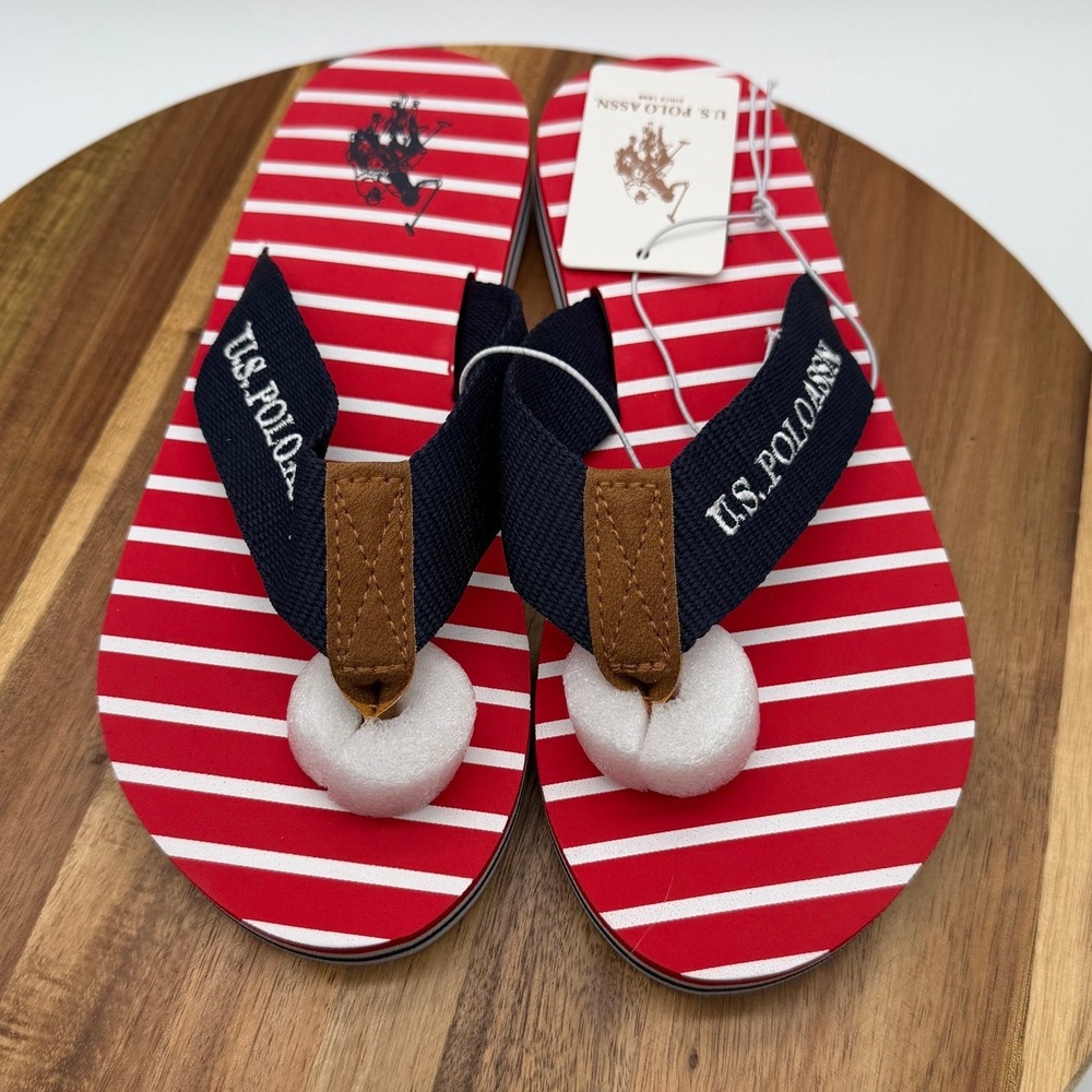 U.S. Polo Assn. Size 5-6 Flip Flops Red White Striped Sandals‎ 1065